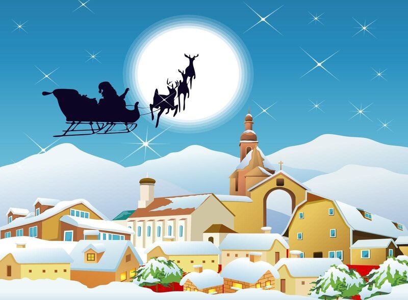 Santa flying over snowy village
