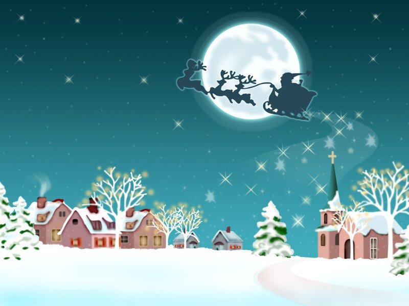 Santa flying over snowy village