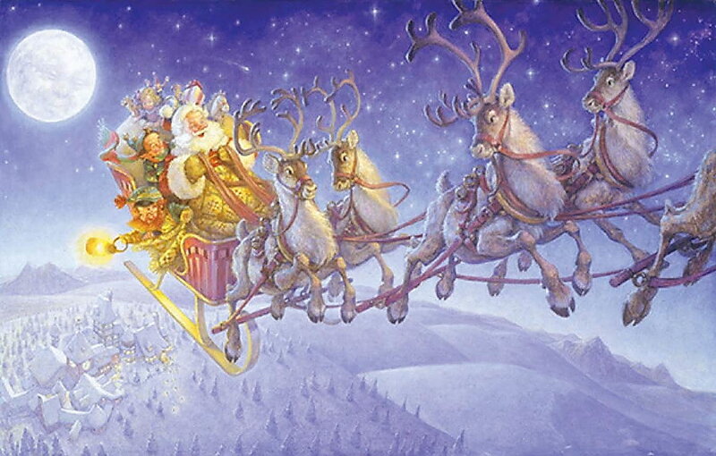 Santa flying over snowy village