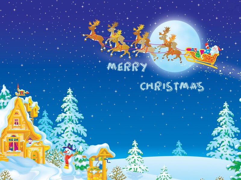 Santa flying over snowy village