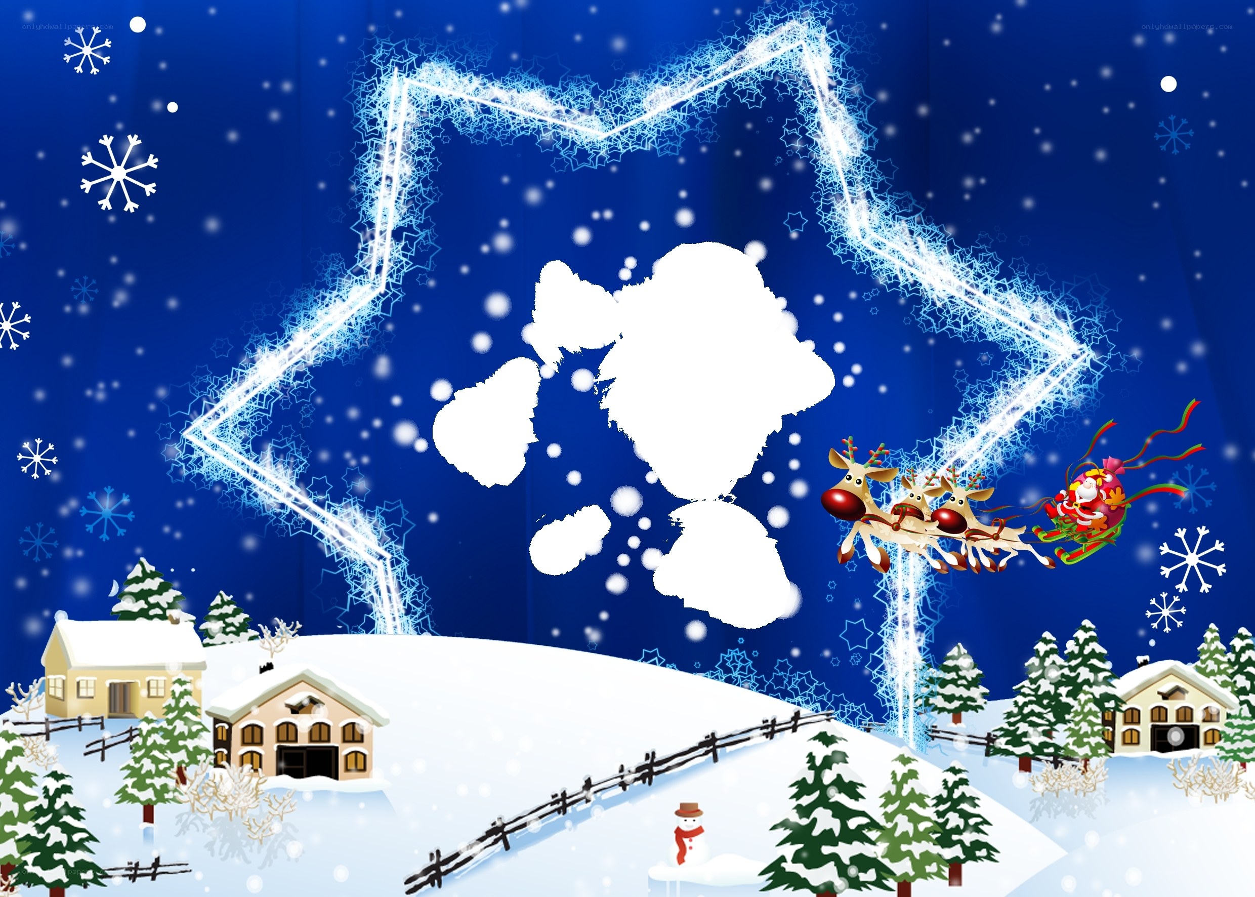 Santa flying over snowy village