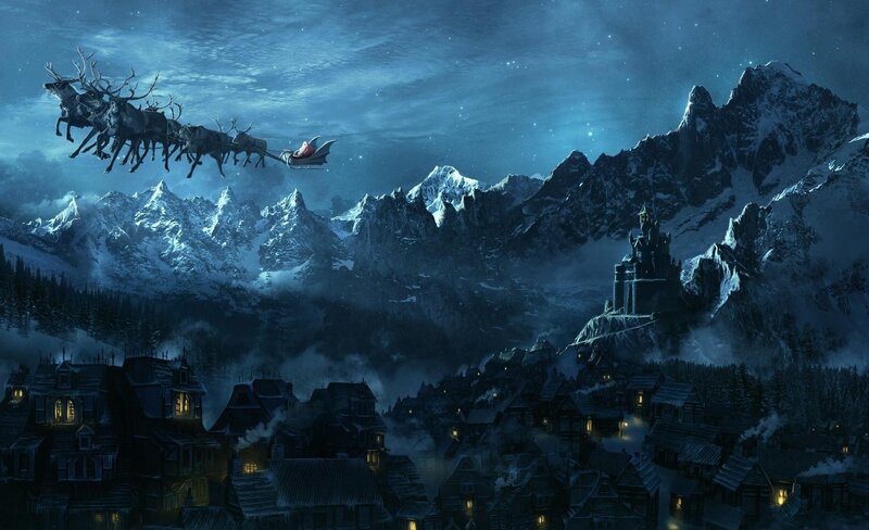 Santa flying over snowy village