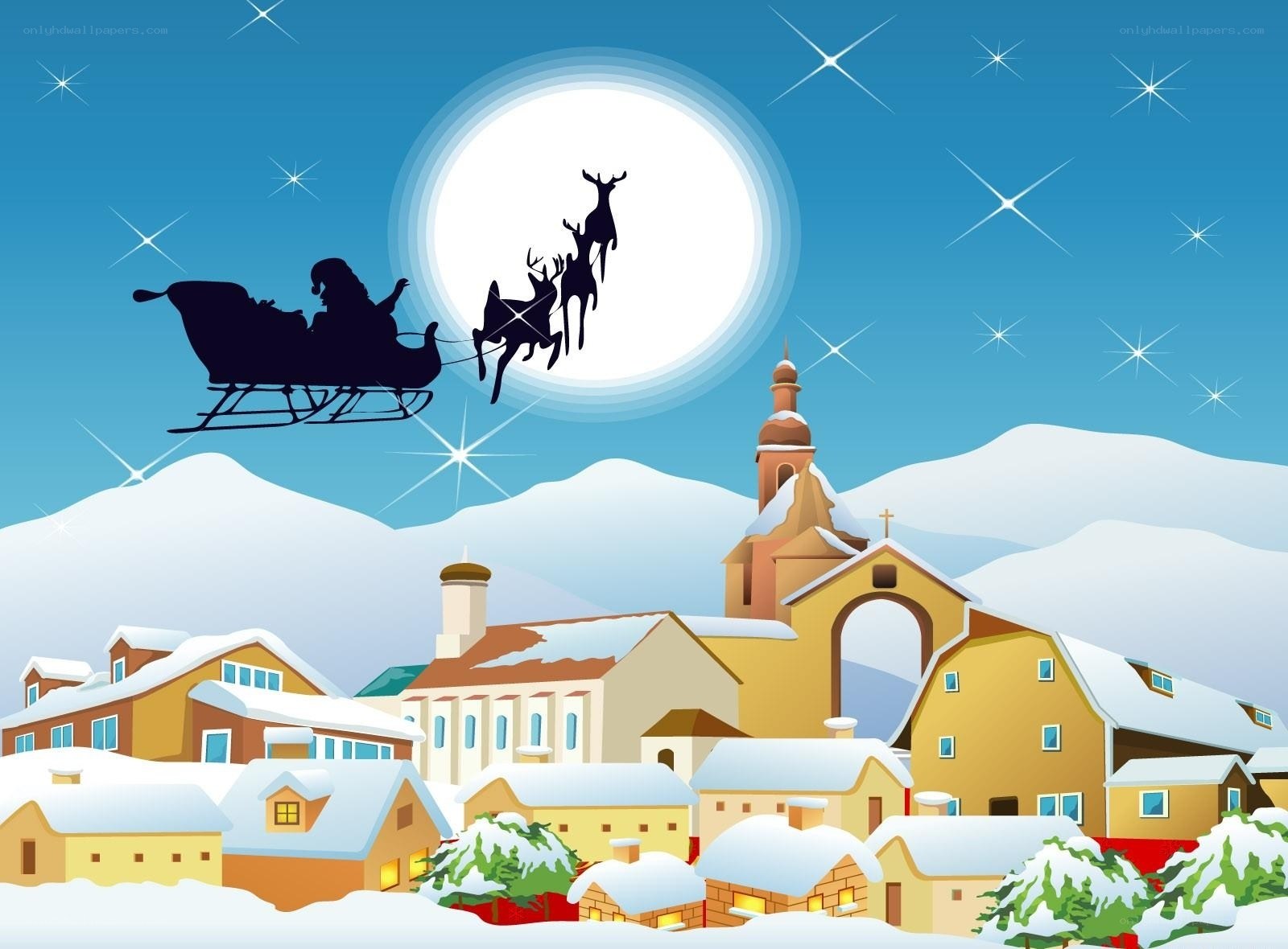Santa flying over snowy village
