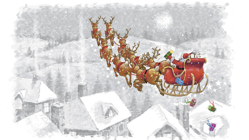 Santa flying over snowy village