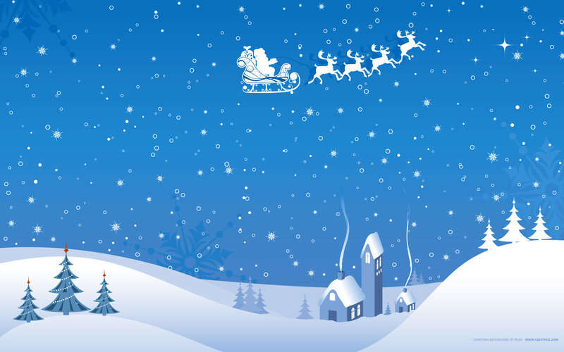 Santa flying over snowy village