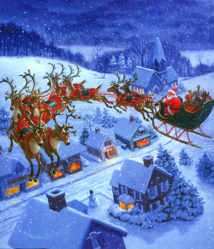 Santa flying over snowy village