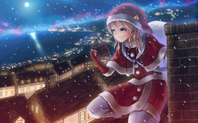 Santa girl on a snowy rooftop