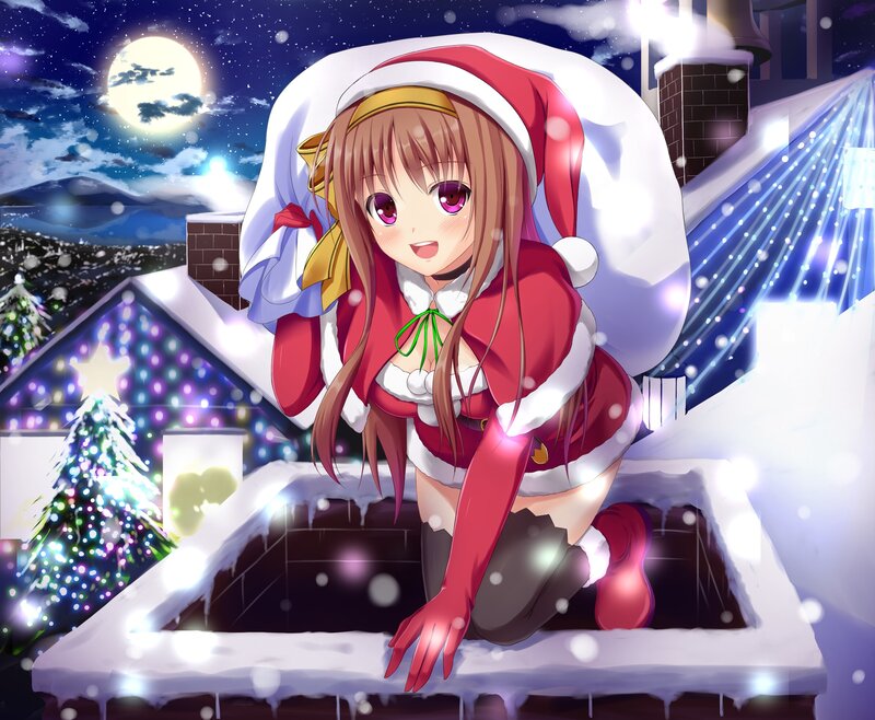 Santa girl on a snowy rooftop