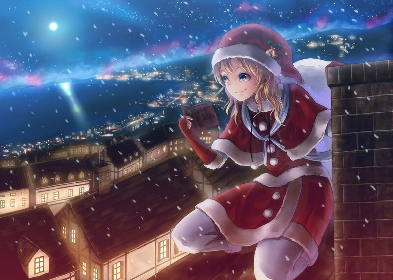 Santa girl on a snowy rooftop