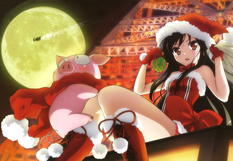 Santa girl with pig under moon