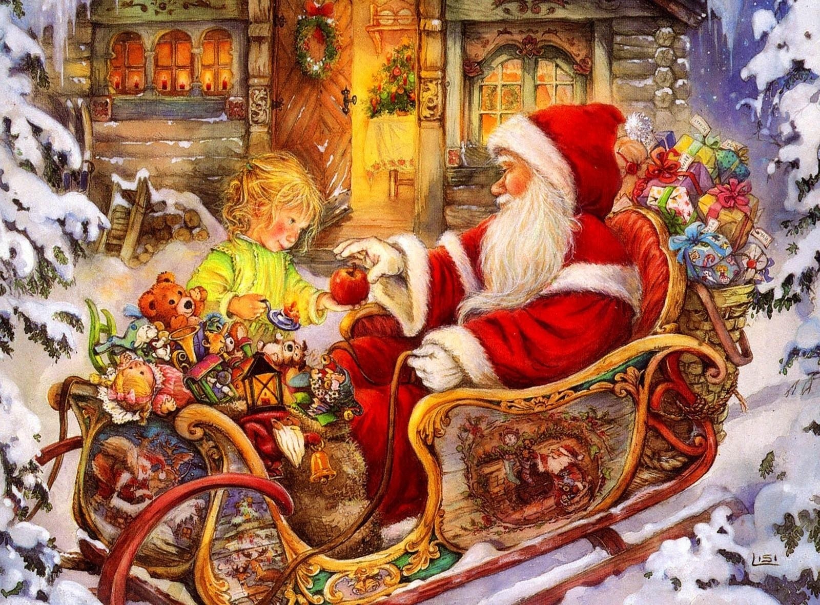 Santa giving gift to child
