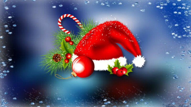 Santa Hat with Ornaments — Red, Festive, Winter, Digital Art, Candy Cane