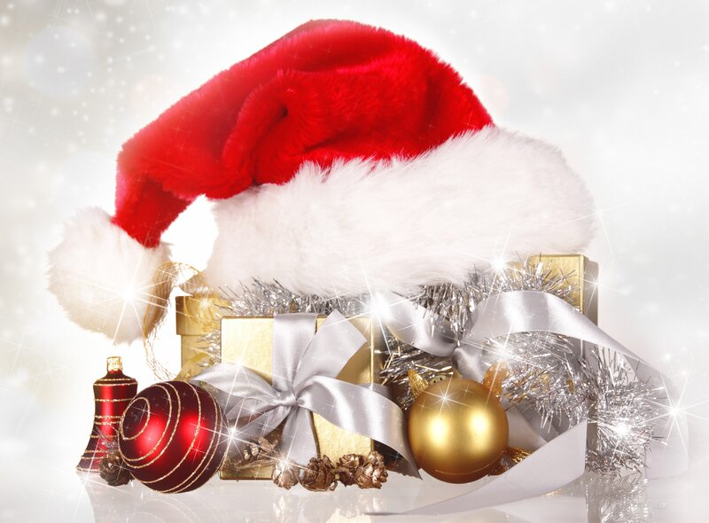 Santa Hat with Ornaments — Red, Festive, Winter