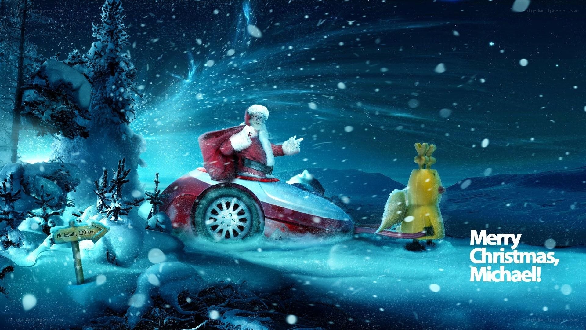 Santa in a car with a chicken