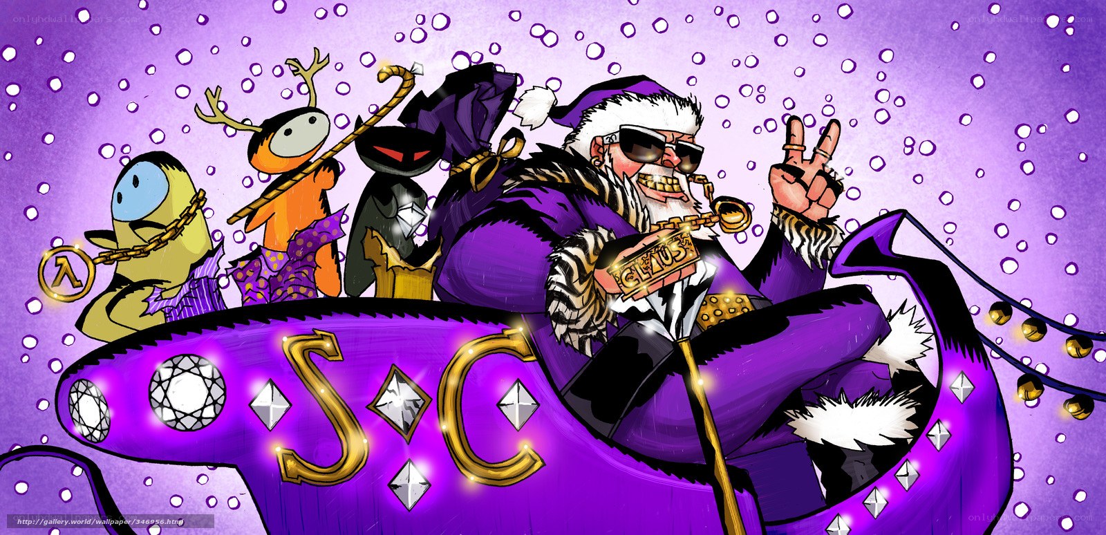 Santa in a purple sleigh