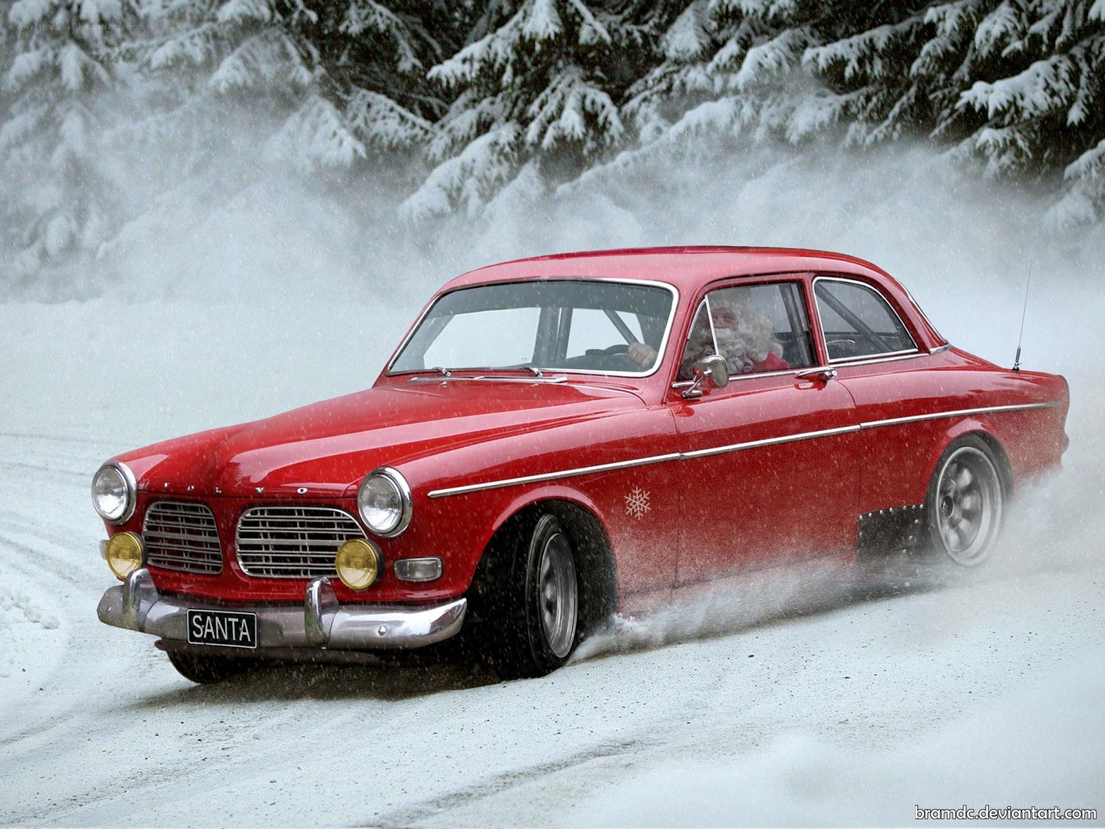 Santa in a red car