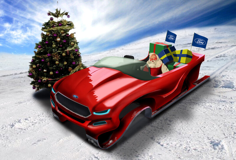 Santa in Red Car — Festive, Winter, Digital Art