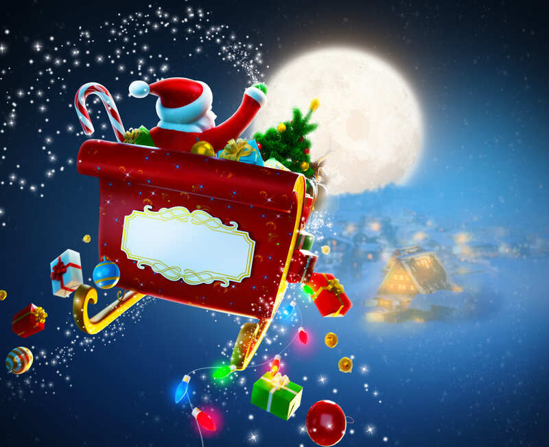 Santa in Sleigh — Blue, Festive, Night