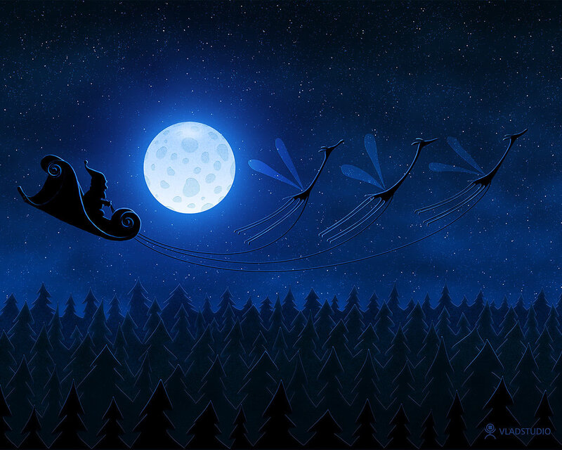 Santa in Sleigh — Blue, Serene, Night