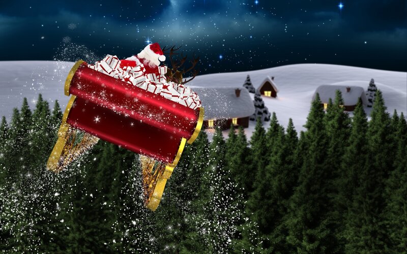 Santa in Sleigh — Red, Festive, Night, Digital Art
