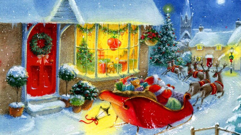 Santa in Sleigh — Red, Festive, Night, Illustration