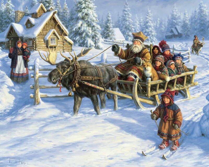 Santa in Sleigh — White