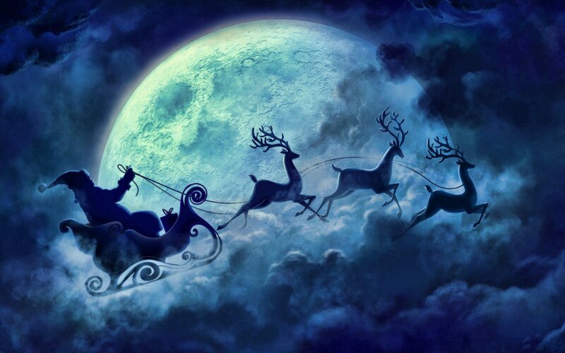 Santa in Sleigh with Reindeer — Blue, Dramatic