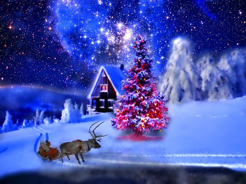 Santa in Sleigh with Reindeer — Blue, Magical