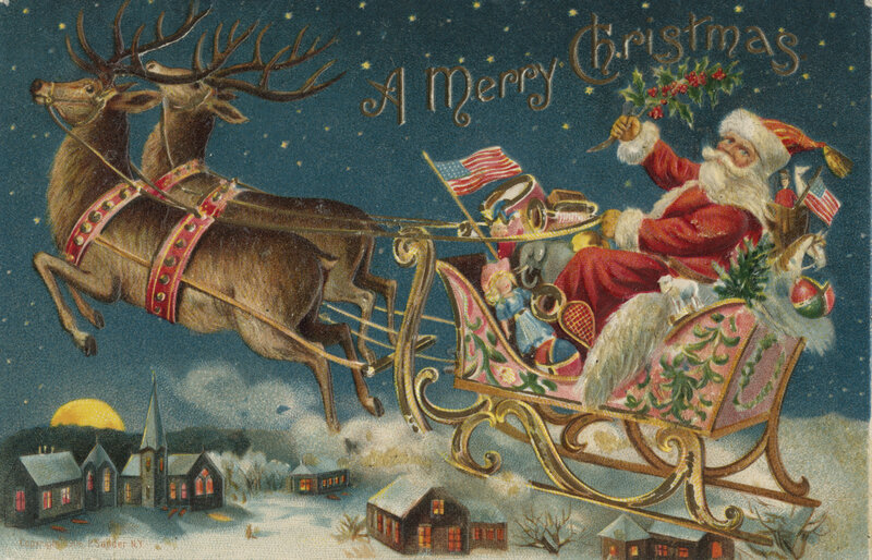 Santa in sleigh with reindeer
