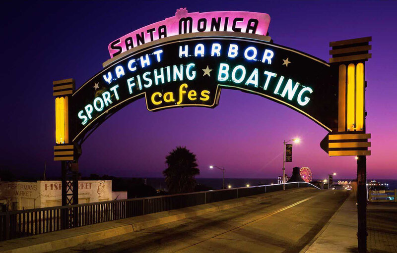 Santa Monica Harbor sign at dusk
