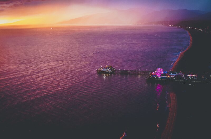 Santa Monica Pier at Dusk — Purple, Dramatic, Sunset, Photograph, Ocean