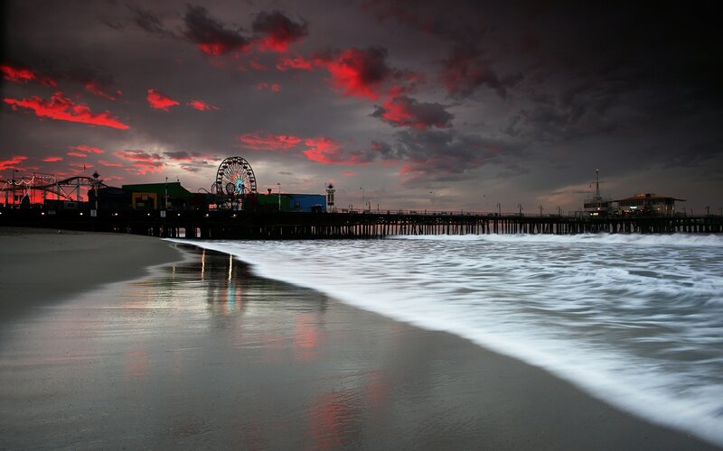 Santa Monica Pier at Dusk — Red, Dramatic, Sunset, Photograph