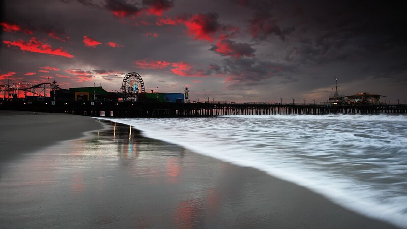 Santa Monica Pier at Sunset — Red, Dramatic