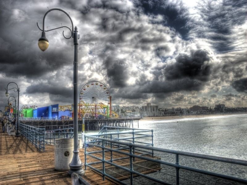 Santa Monica Pier under stormy sky