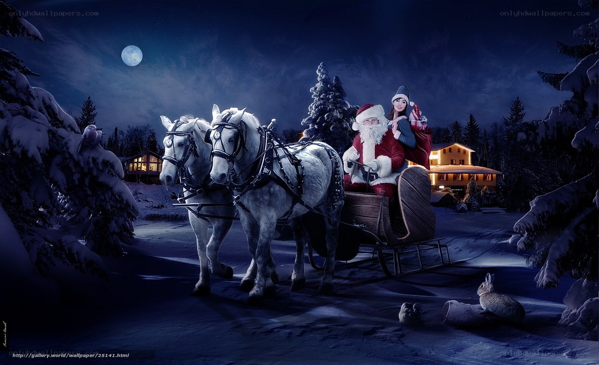 Santa on sleigh at night