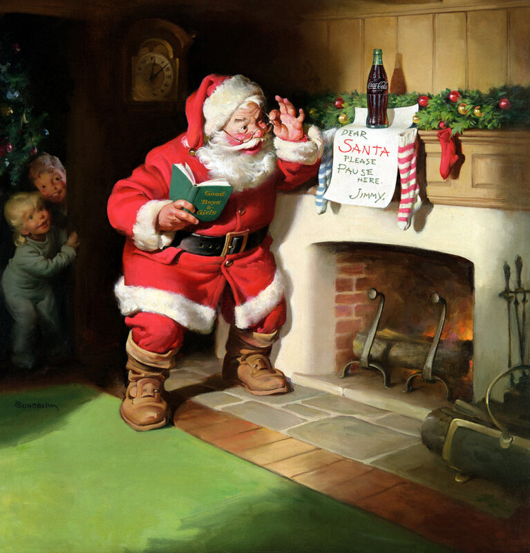 Santa reading a book by the fireplace