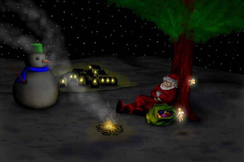 Santa resting by a fire