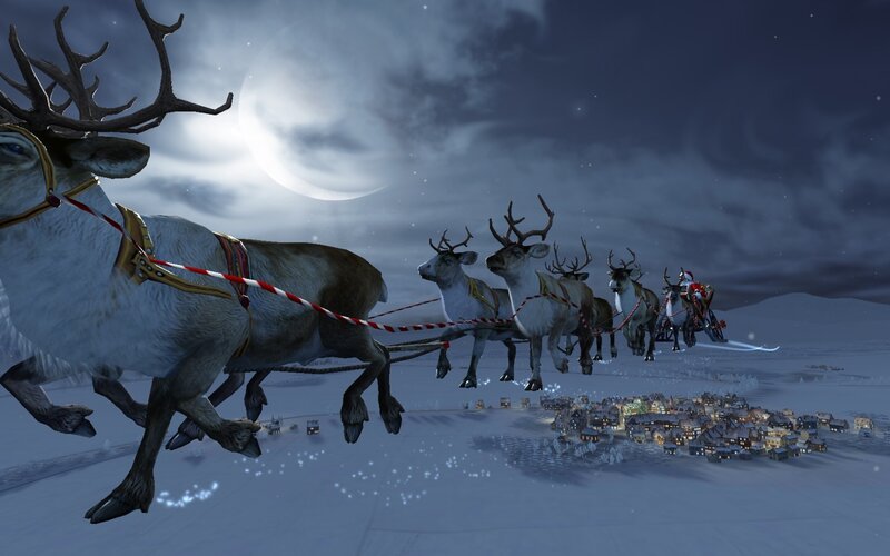 Santa's sleigh flying over town