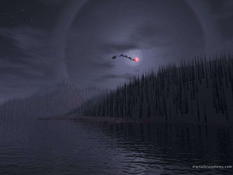 Santa's sleigh over a lake