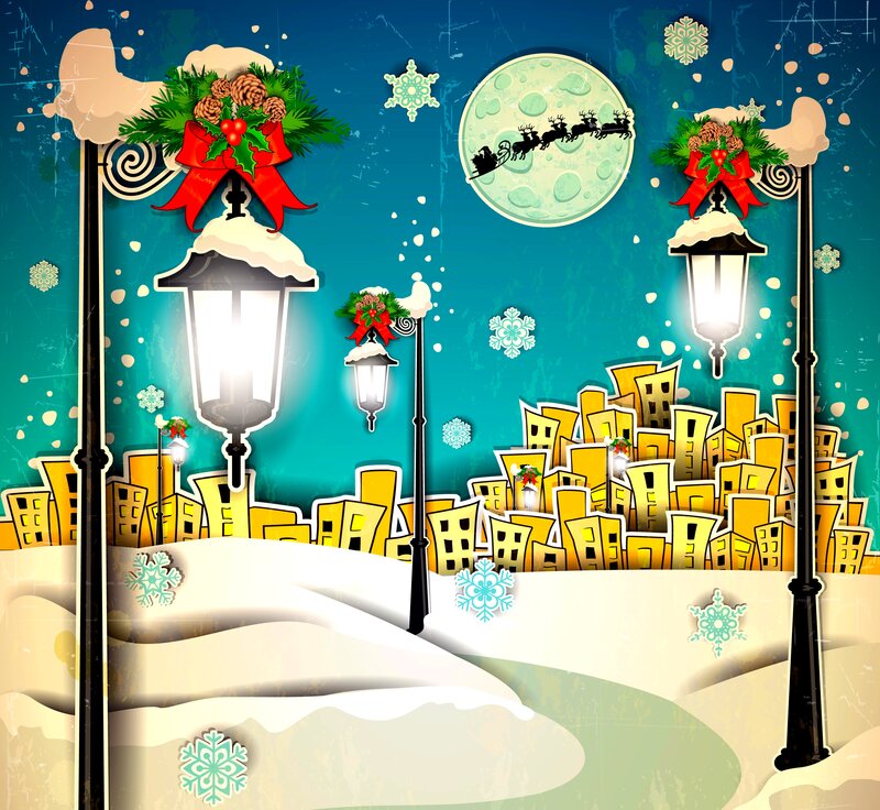 Santa's Sleigh over City