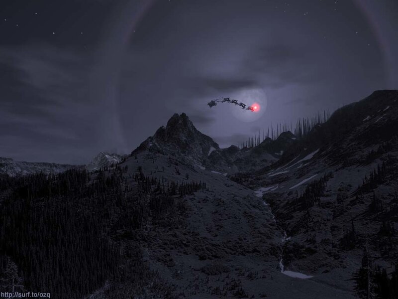 Santa's sleigh over mountains