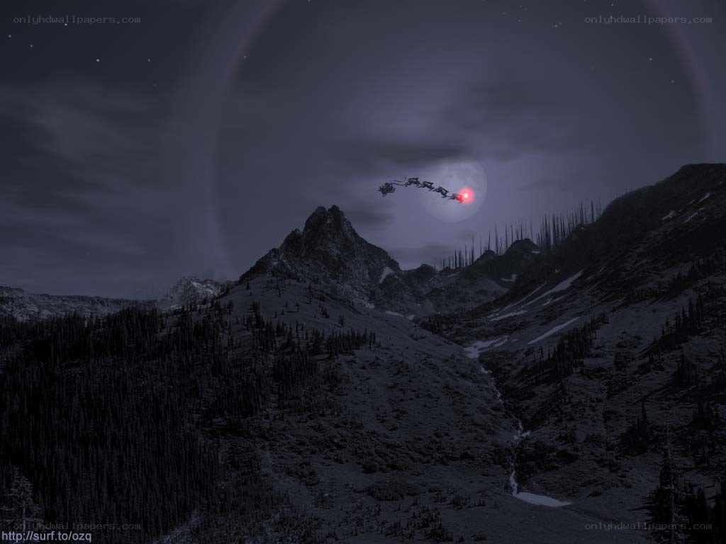 Santa's sleigh over mountains