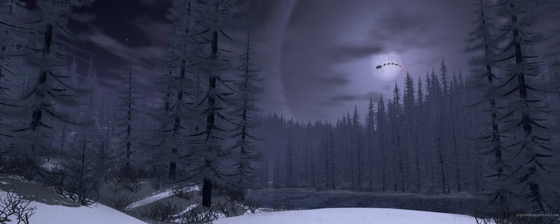 Santa's sleigh over snowy forest
