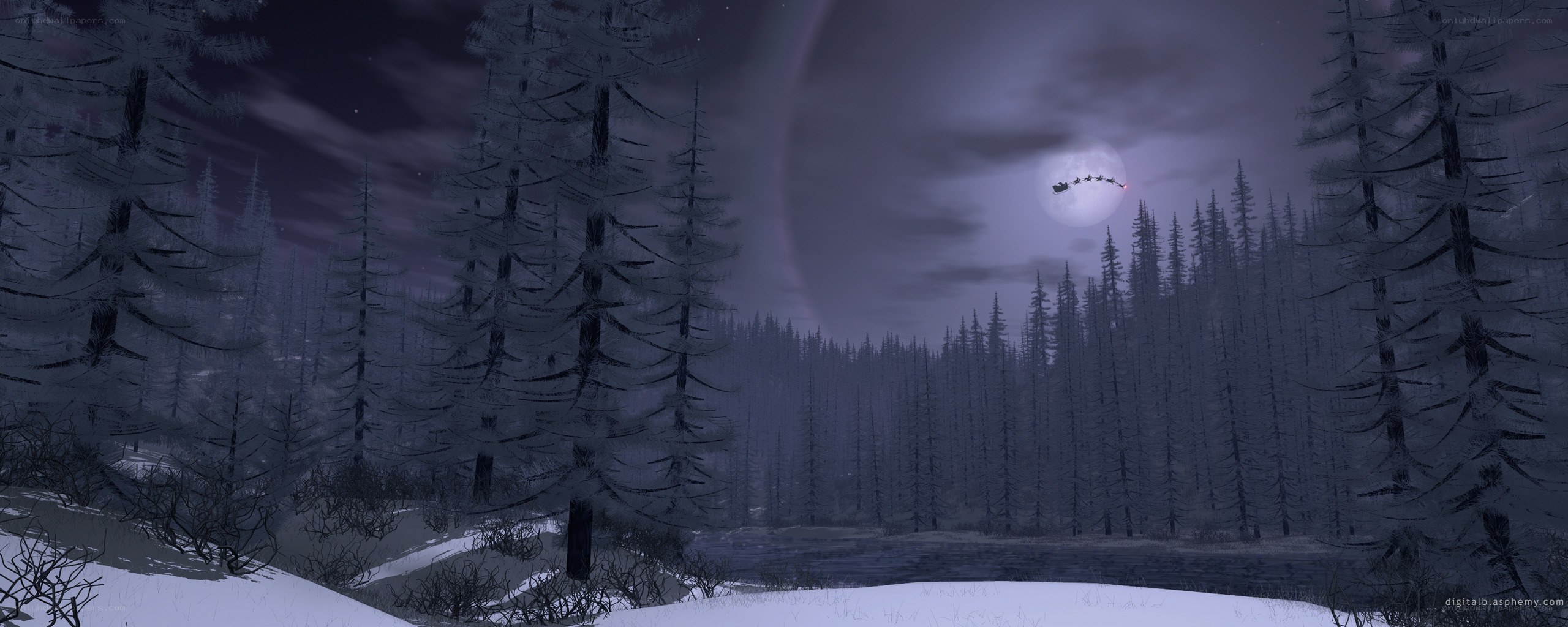Santa's sleigh over snowy forest