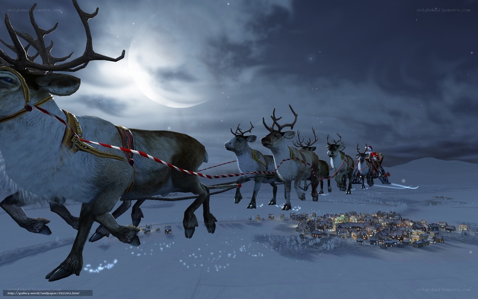 Santa's sleigh over snowy town