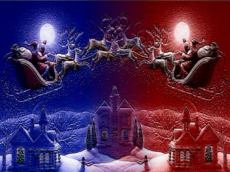 Santa's sleigh over snowy village