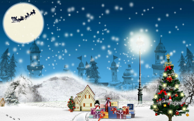 Santa's Sleigh over Snowy Village — Blue