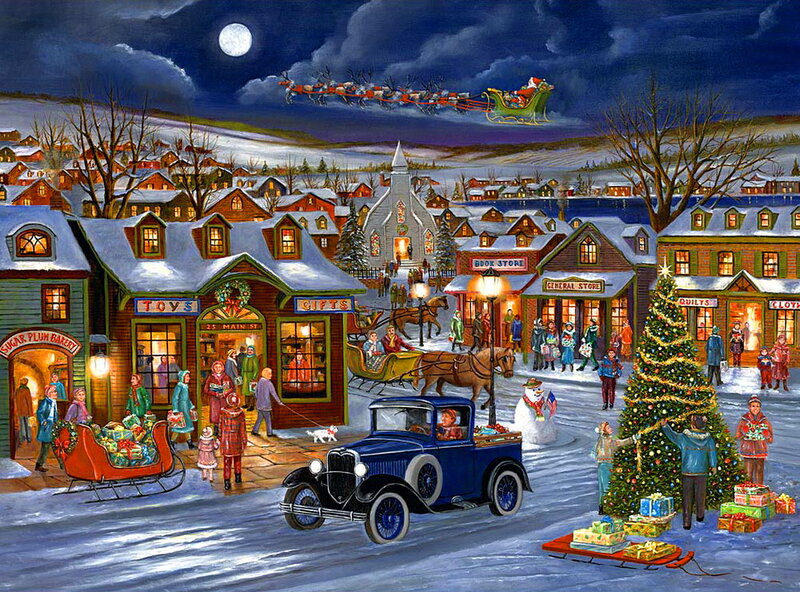 Santa's Sleigh over Town — Blue, Festive