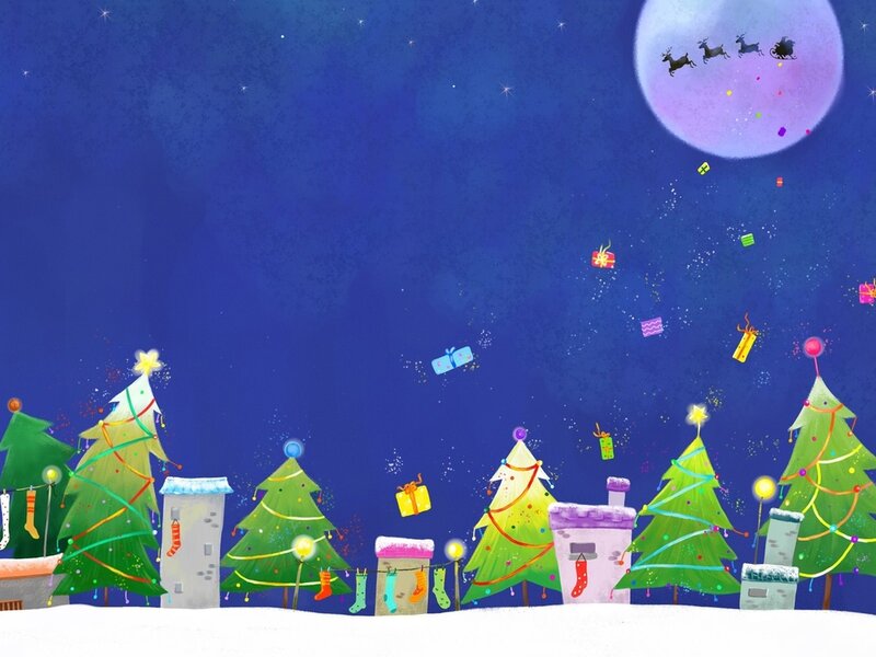 Santa's Sleigh over Town — Blue