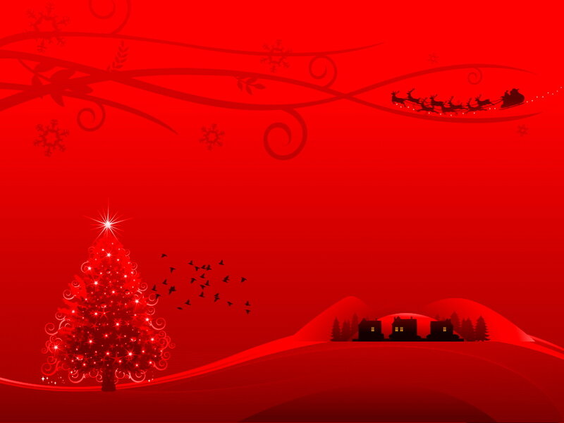 Santa's Sleigh over Village — Red